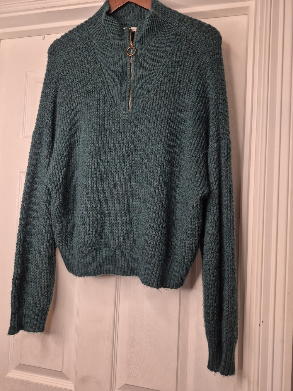 American Eagle Dark Green Knit Half-Zip Wool Blend Sweater Large